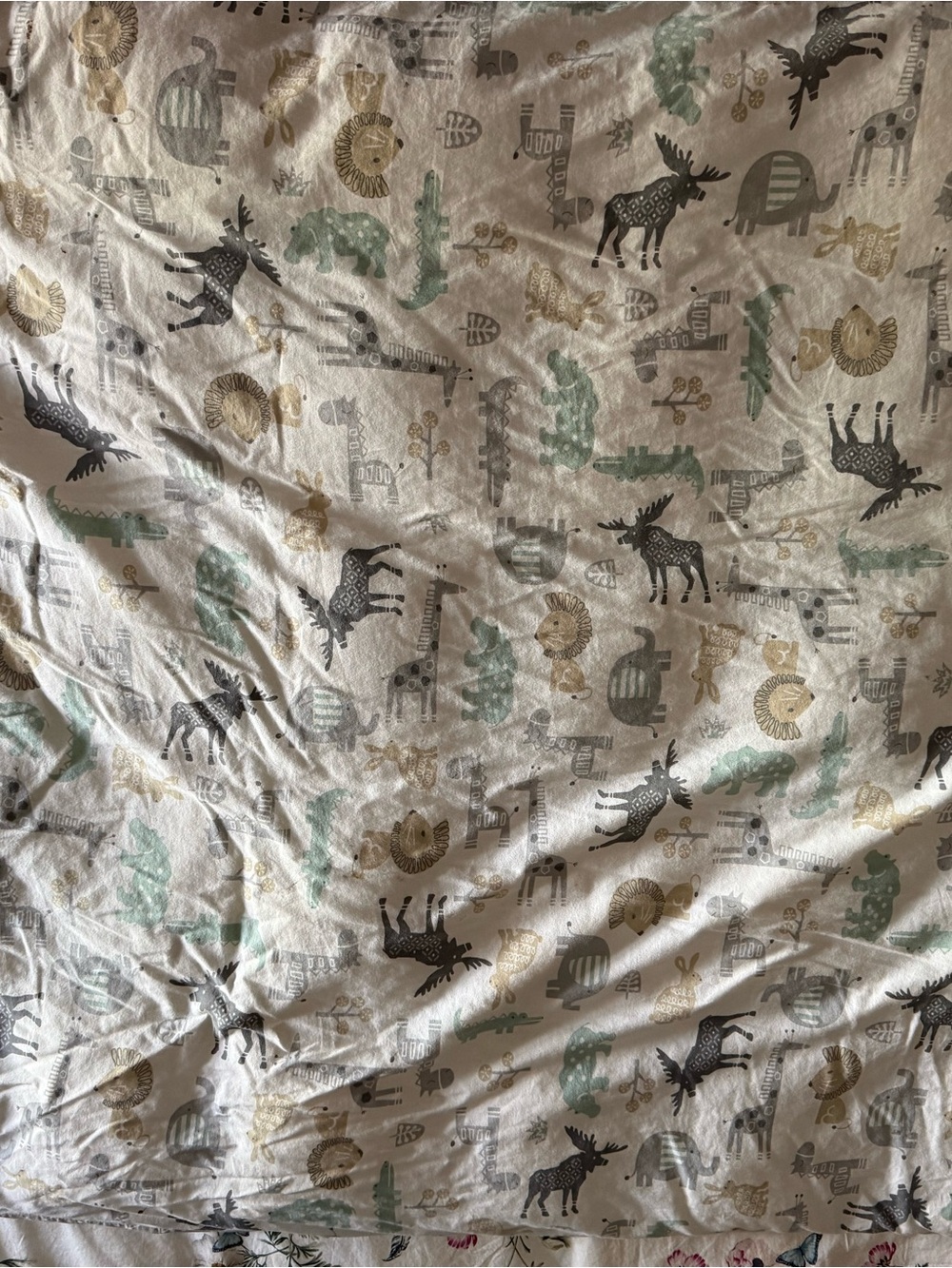 Safari Animal Cotton Duvet Cover in Cream with Gray, Green, and Gold Accents